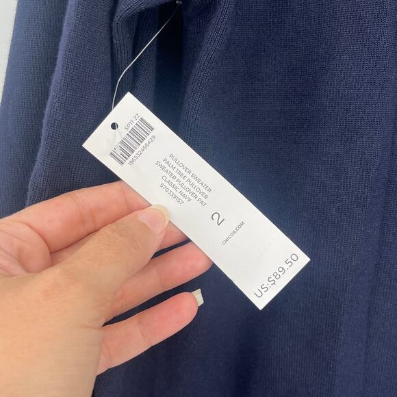 Chicos Palm Tree Womens Sweater Sz L Coastal Resort Beachy Embroidered Navy New - Picture 9 of 11